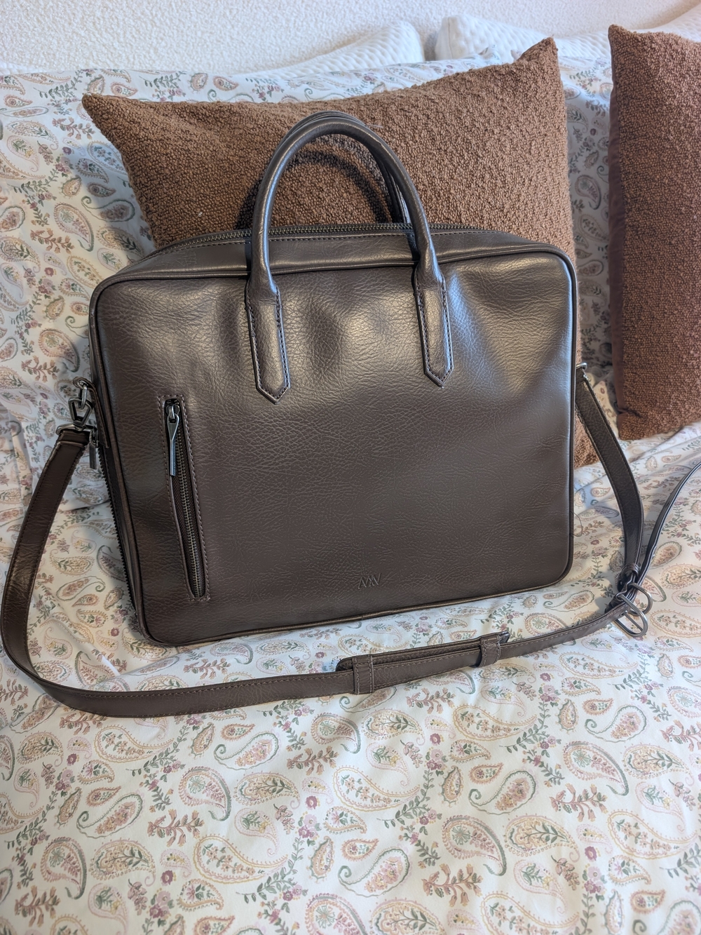 Unisex Matt & Nat Dark Brown Leather Briefcase with Shoulder Strap